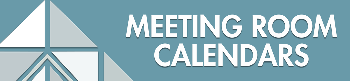 Teal background with white text saying 'Meeting Room Calendars' next to a geometric triangle design. Clean and informative tone.